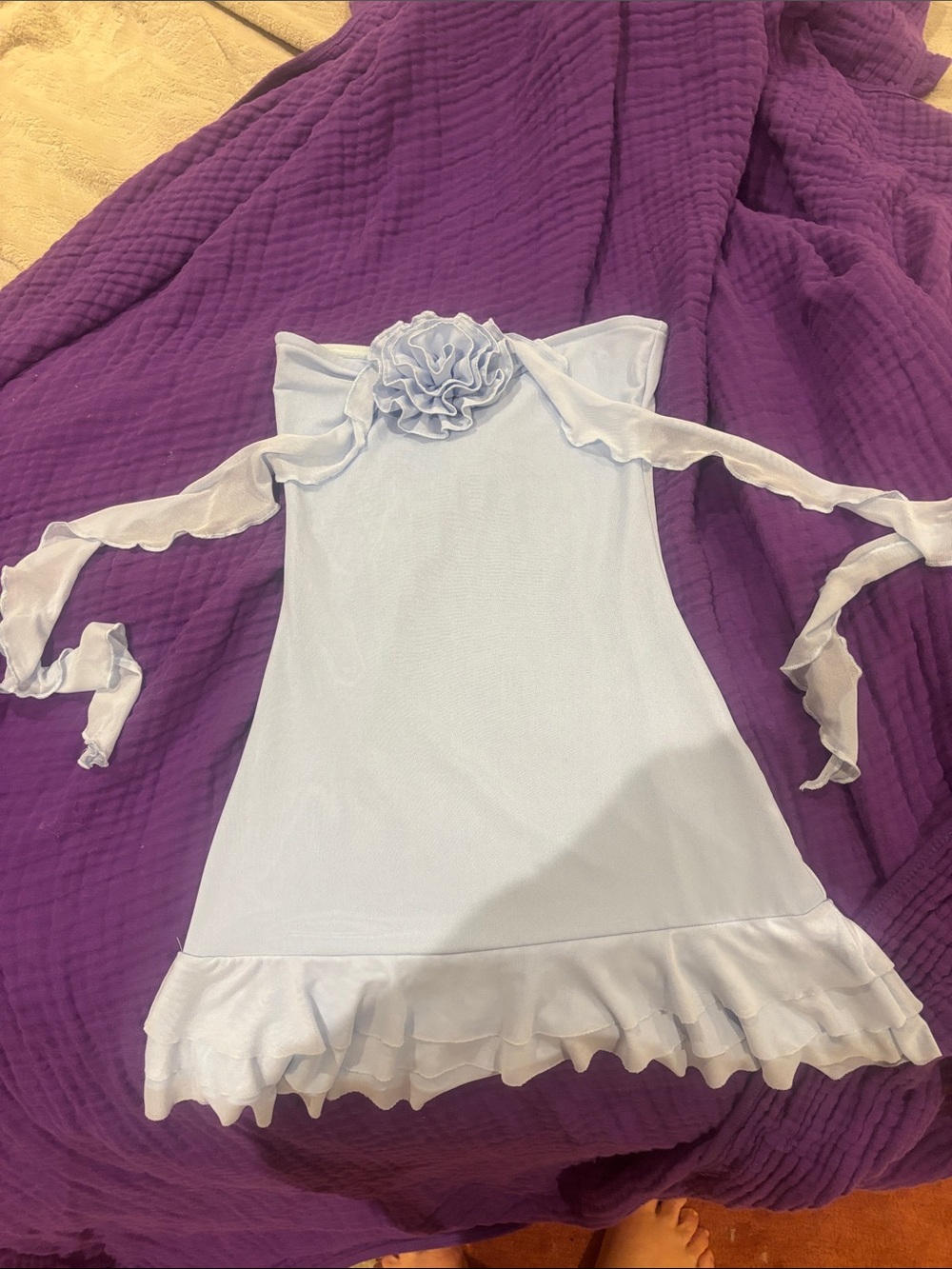 Light Blue Ruffle Hem Strapless Dress with Rosette